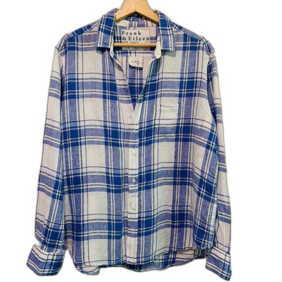 Frank & Eileen Eileen Relaxed Button Up Short Italian Classic Linen Blue Plaid L - Picture 1 of 11
